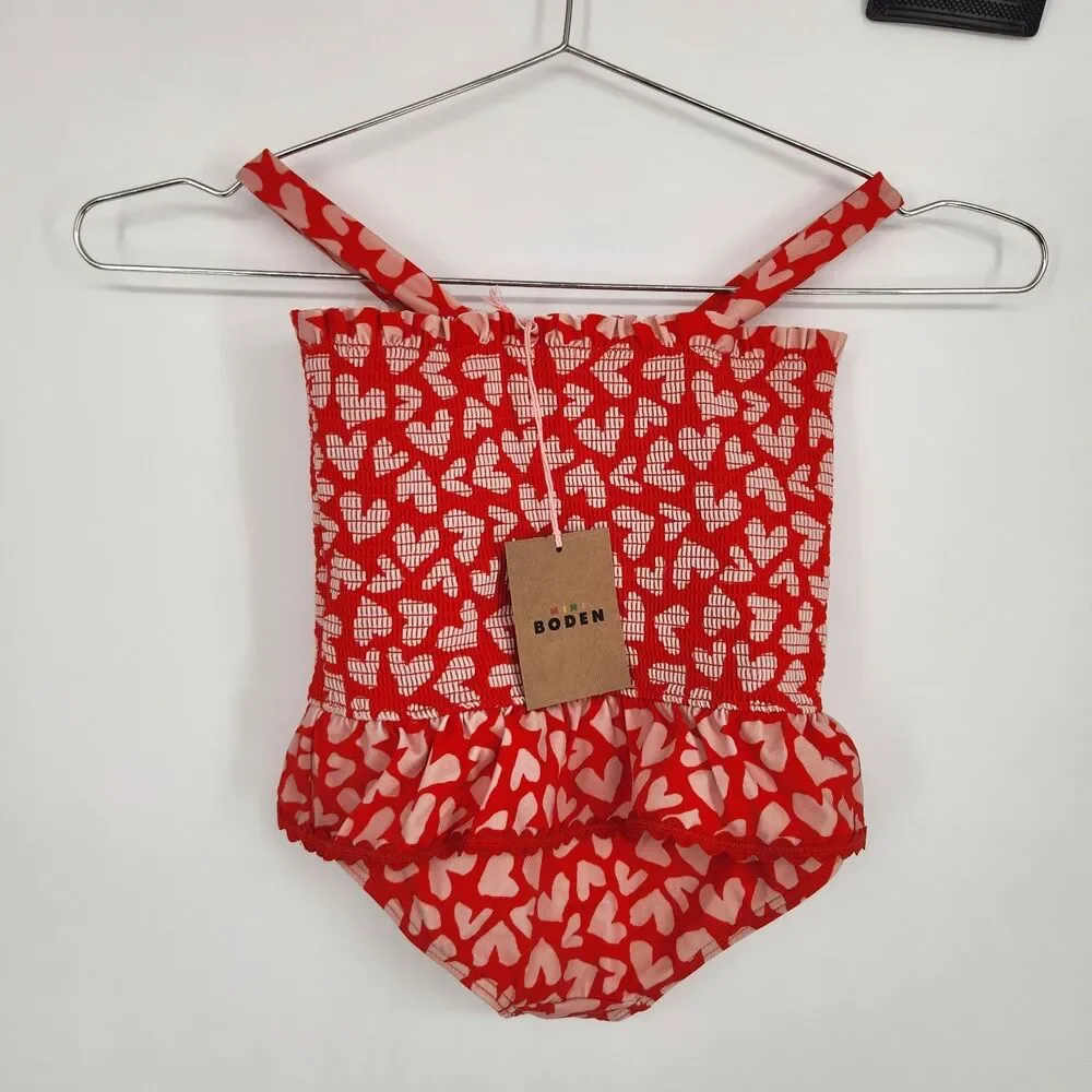 Mini Boden 3-4YR Red Collage Hearts Peplum Smocked Swimsuit NWT